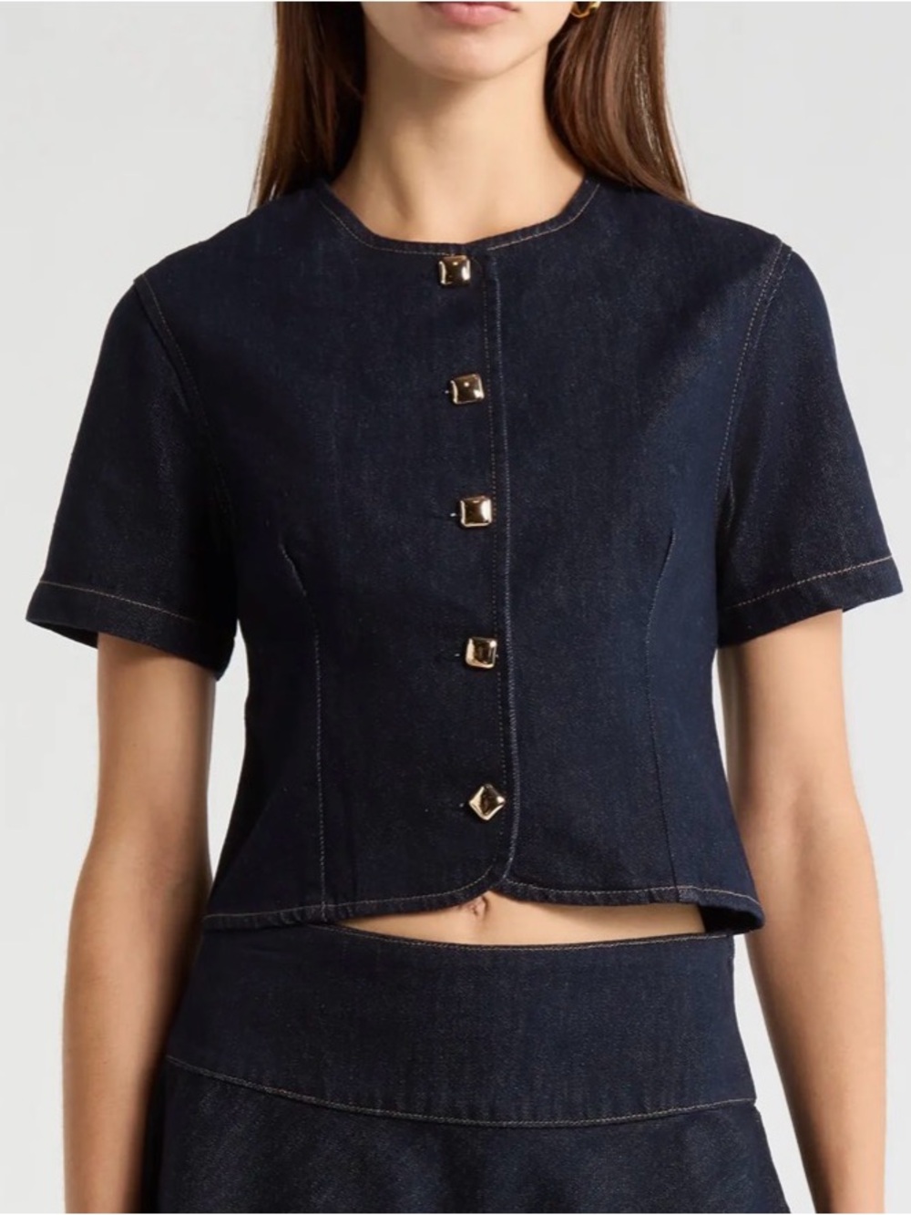Astr Lennon Dark Blue Denim Short-Sleeve Button-Front Crop Top with Gold Buttons